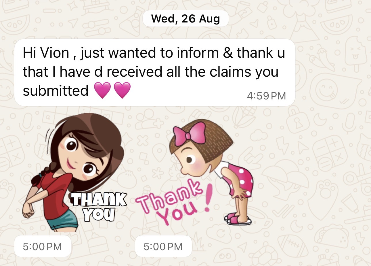 WhatsApp message thanking Vion for claims support